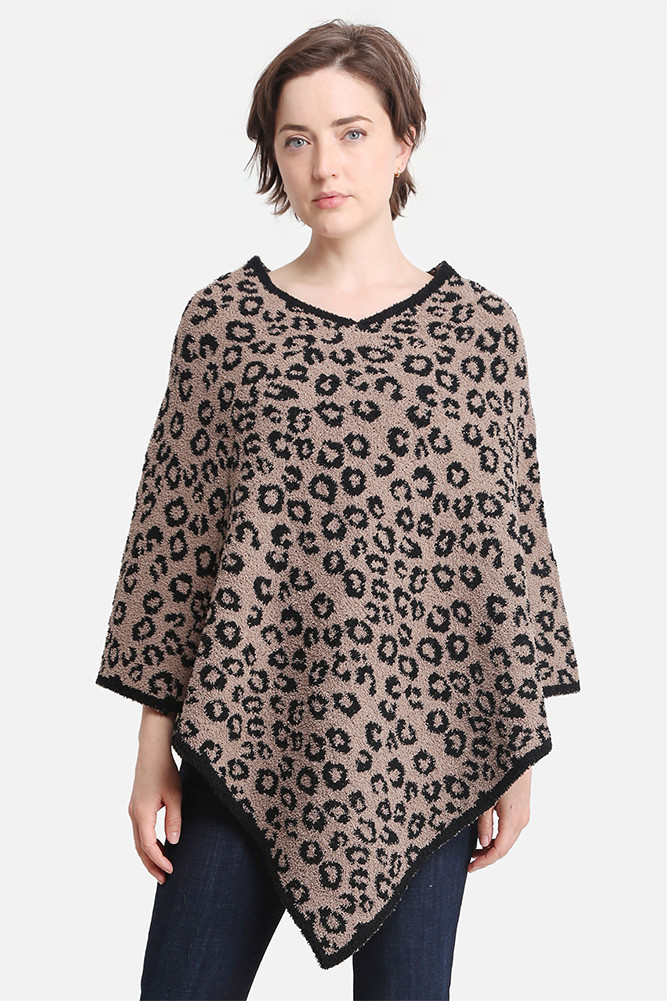 Women's Leopard Print Solid Trim Soft Poncho in Coffee