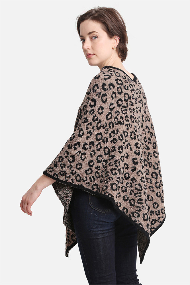 Women's Leopard Print Solid Trim Soft Poncho in Coffee