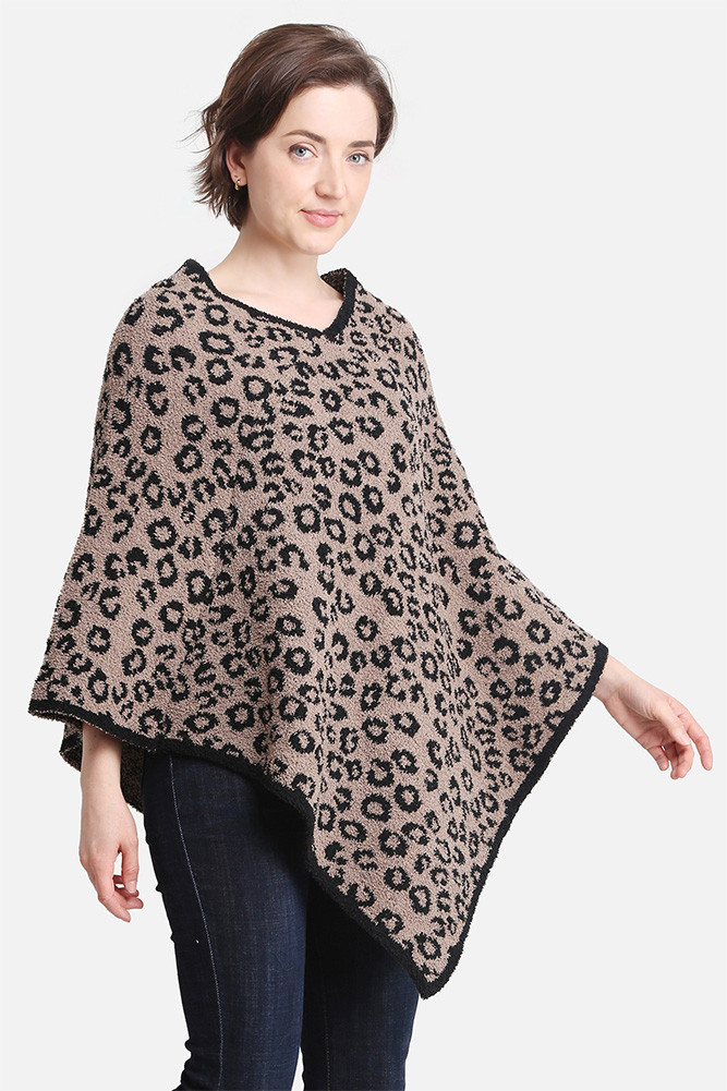 Women's Leopard Print Solid Trim Soft Poncho in Coffee