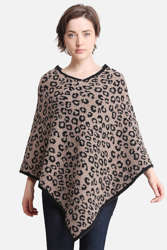 Women's Leopard Print Solid Trim Soft Poncho in Coffee