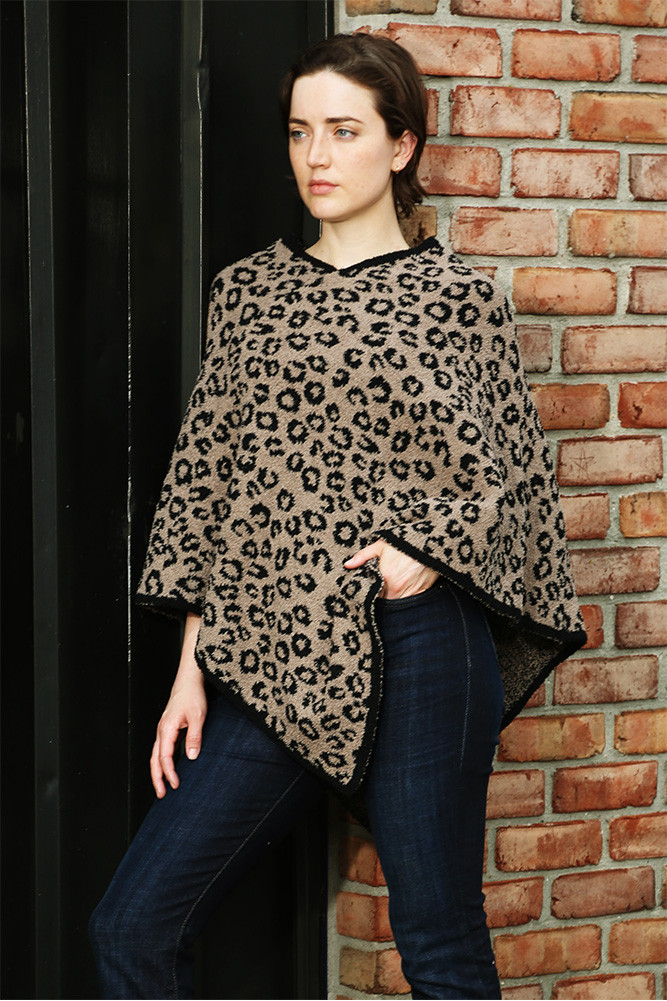 Women's Leopard Print Solid Trim Soft Poncho in Coffee
