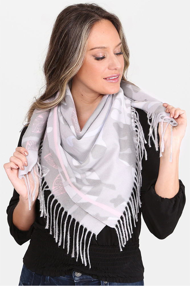 Women's Floral Print Knit Blanket Scarf in Gray