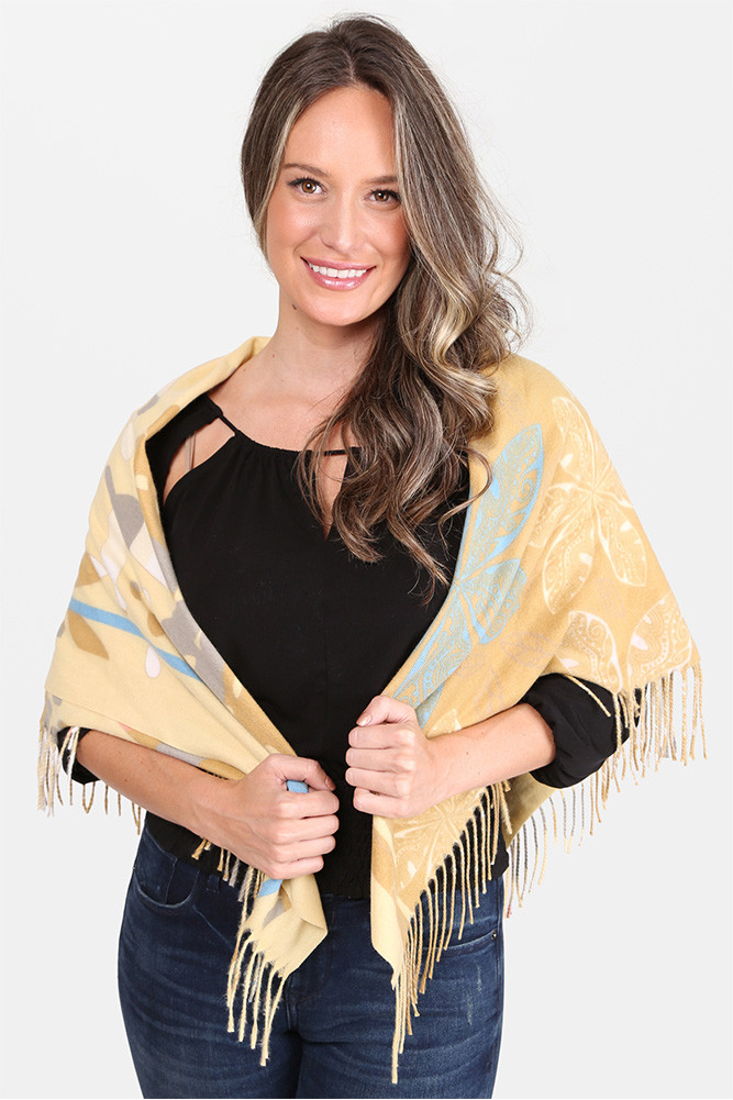 Women's Floral Print Knit Blanket Scarf in Mustard
