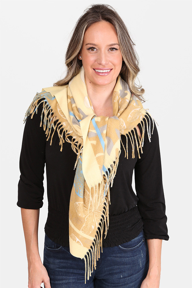 Women's Floral Print Knit Blanket Scarf in Mustard