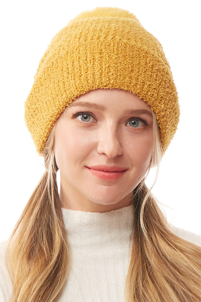 Women's Solid Soft Fluffy Pom Beanie in Mustard