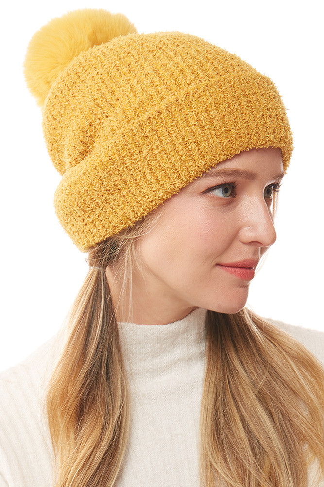 Women's Solid Soft Fluffy Pom Beanie in Mustard by BURACQ