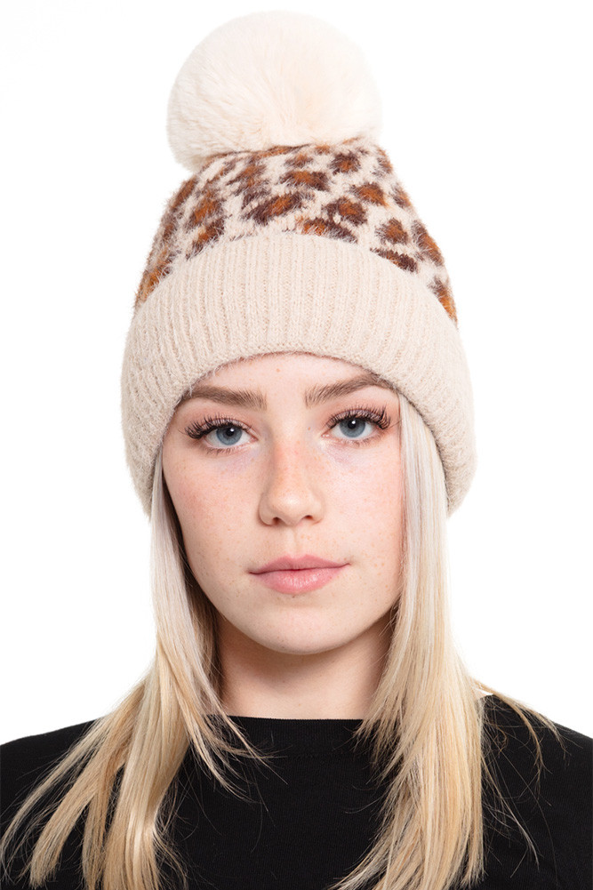 Women's Leopard Pom Fleece Beanie in Taupe by BURACQ