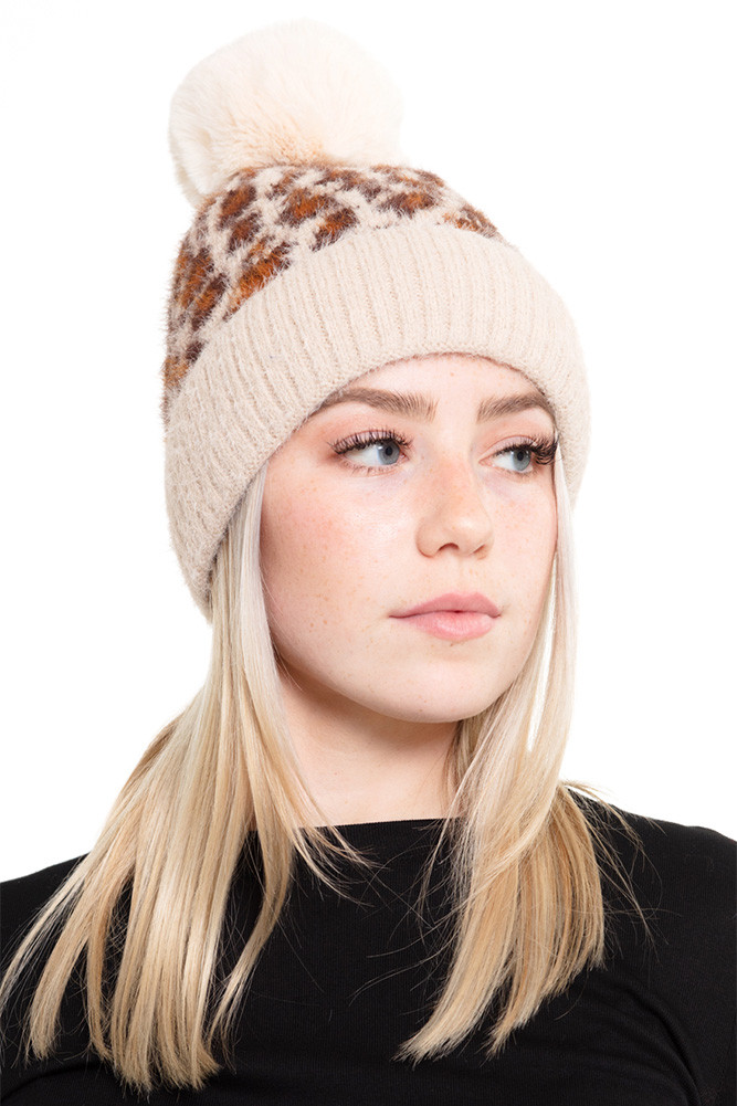 Women's Leopard Pom Fleece Beanie in Taupe