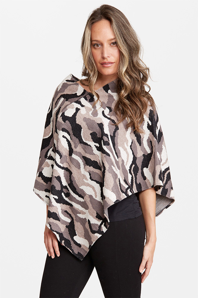 Women's Camouflage Knit Pullover Poncho in Gray