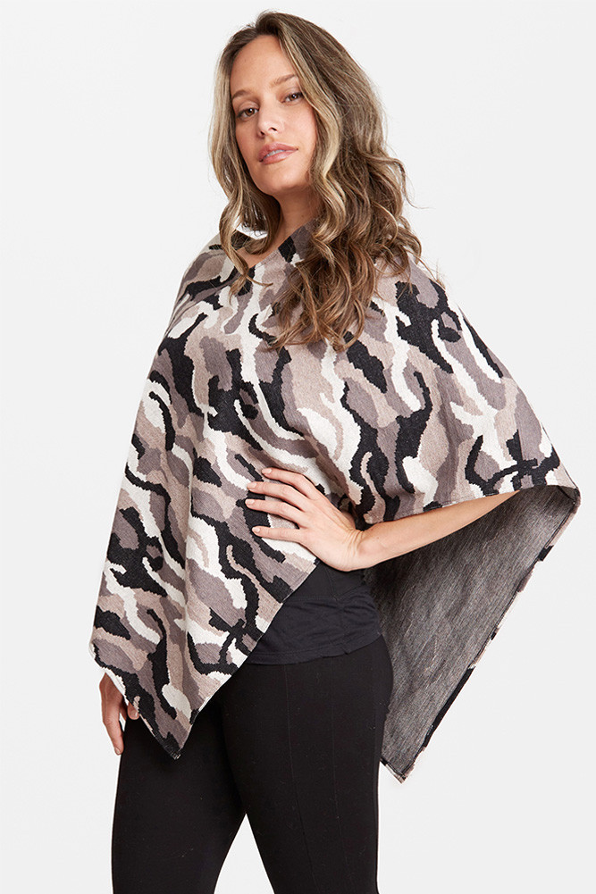 Women's Camouflage Knit Pullover Poncho in Gray