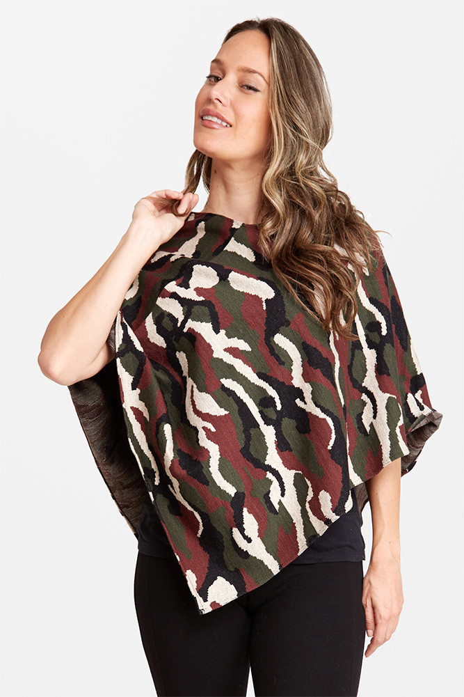 Women's Camouflage Knit Pullover Poncho in Green