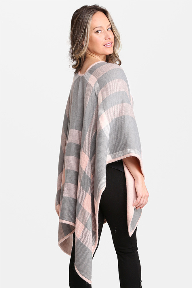 Women's Check Pattern Ruana Shawl in Pink Gray