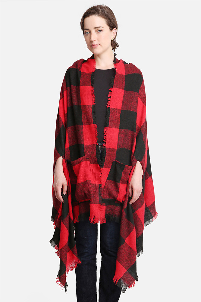 Women's Plaid Pattern Fringe Ruana in Black Red by BURACQ