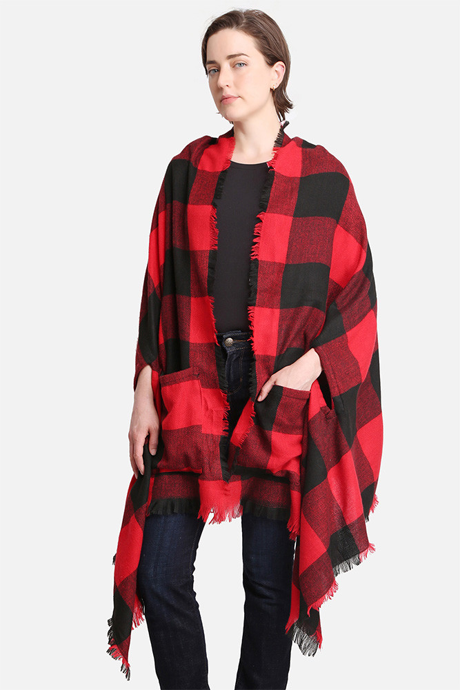 Women's Plaid Pattern Fringe Ruana in Black Red