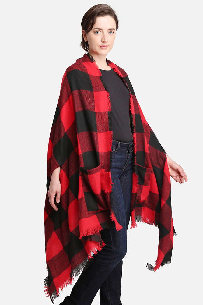 Women's Plaid Pattern Fringe Ruana in Black Red