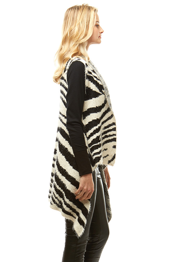 Women's Zebra Pattern Fuzzy Vest in Black