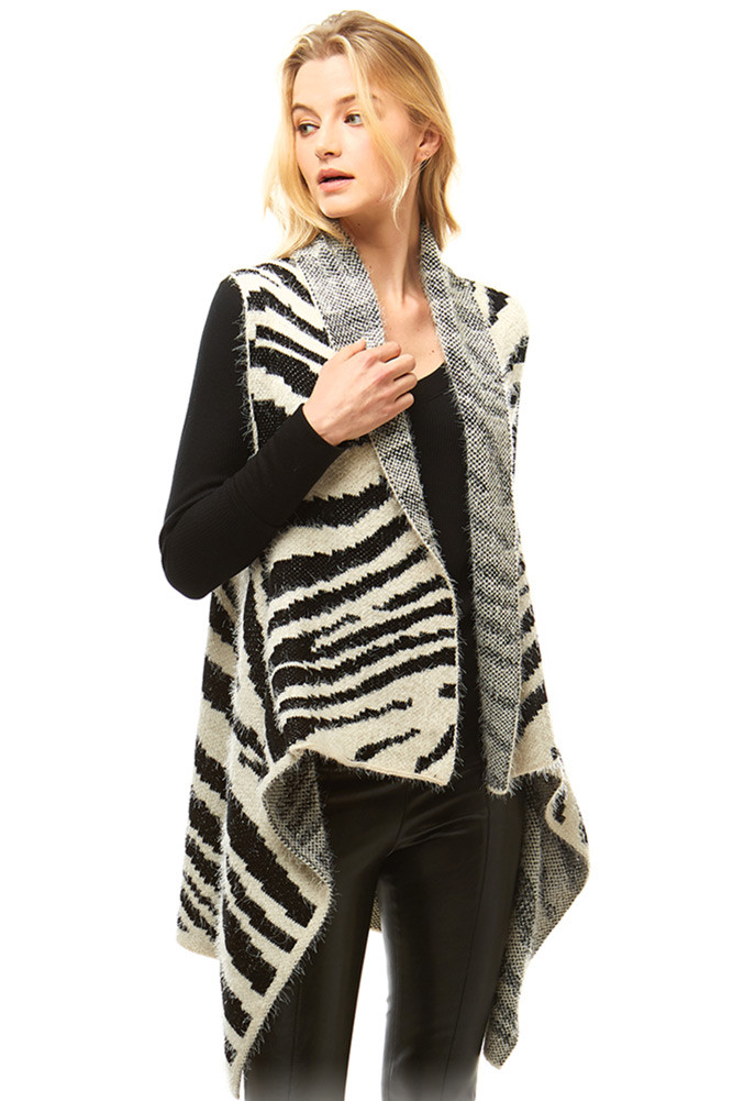 Women's Zebra Pattern Fuzzy Vest in Black
