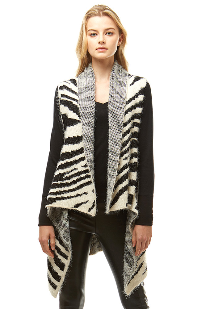 Women's Zebra Pattern Fuzzy Vest in Black by BURACQ