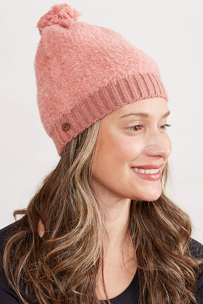 Women's Furry Ribbed Brim Button Pom Hat in Blush