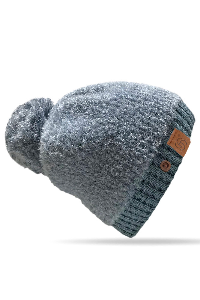 Women's Furry Ribbed Brim Button Pom Hat in Teal