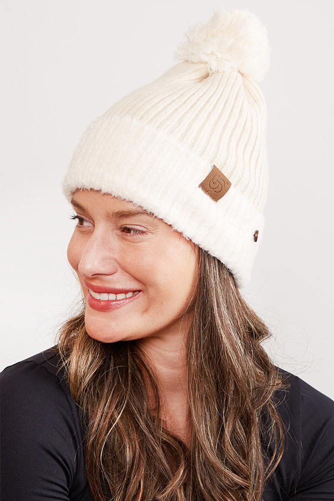 Women's Ribbed Brim Button Pom Beanie in Beige by BURACQ