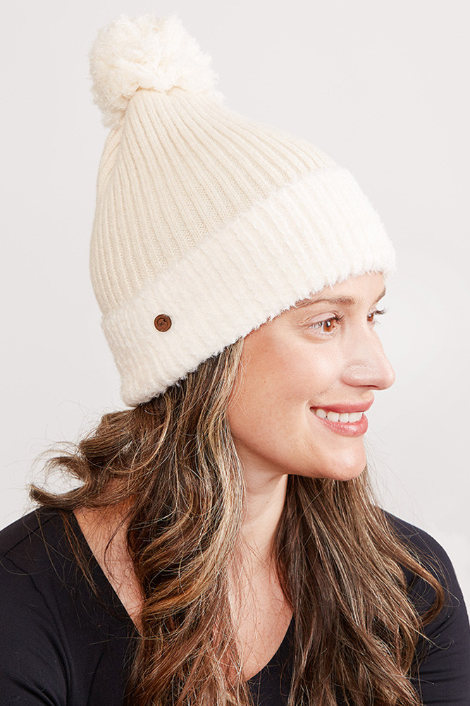 Women's Ribbed Brim Button Pom Beanie in Beige