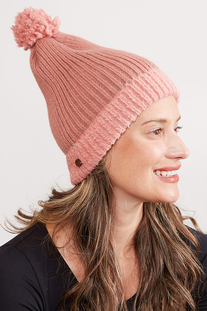 Women's Ribbed Brim Button Pom Beanie in Blush