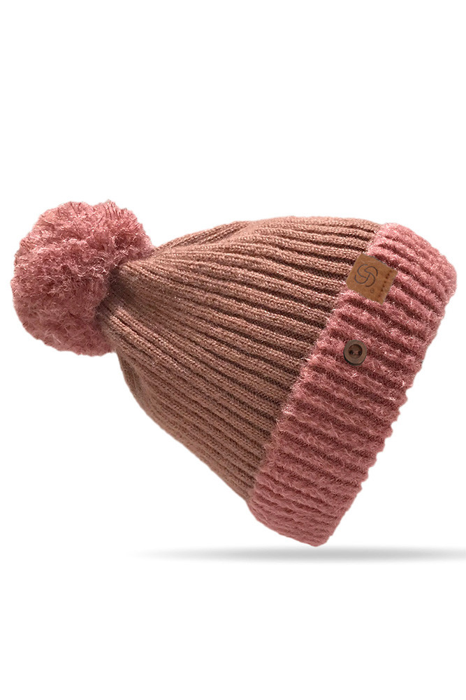 Women's Ribbed Brim Button Pom Beanie in Blush