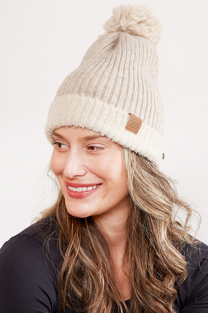 Women's Ribbed Brim Button Pom Beanie in Oatmeal by BURACQ