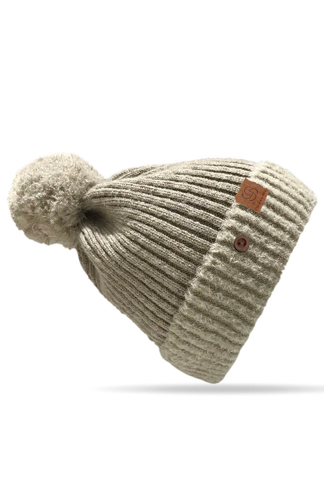 Women's Ribbed Brim Button Pom Beanie in Oatmeal