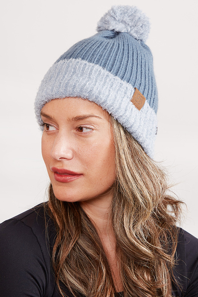 Women's Ribbed Brim Button Pom Beanie in Teal by BURACQ