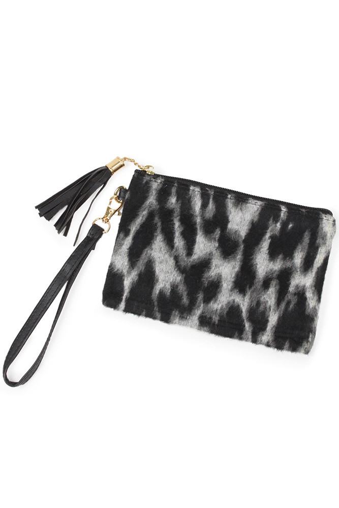 Women's Snow Leopard Print Wristlet Clutch with Tassel – Style EBG10002GE by BURACQ