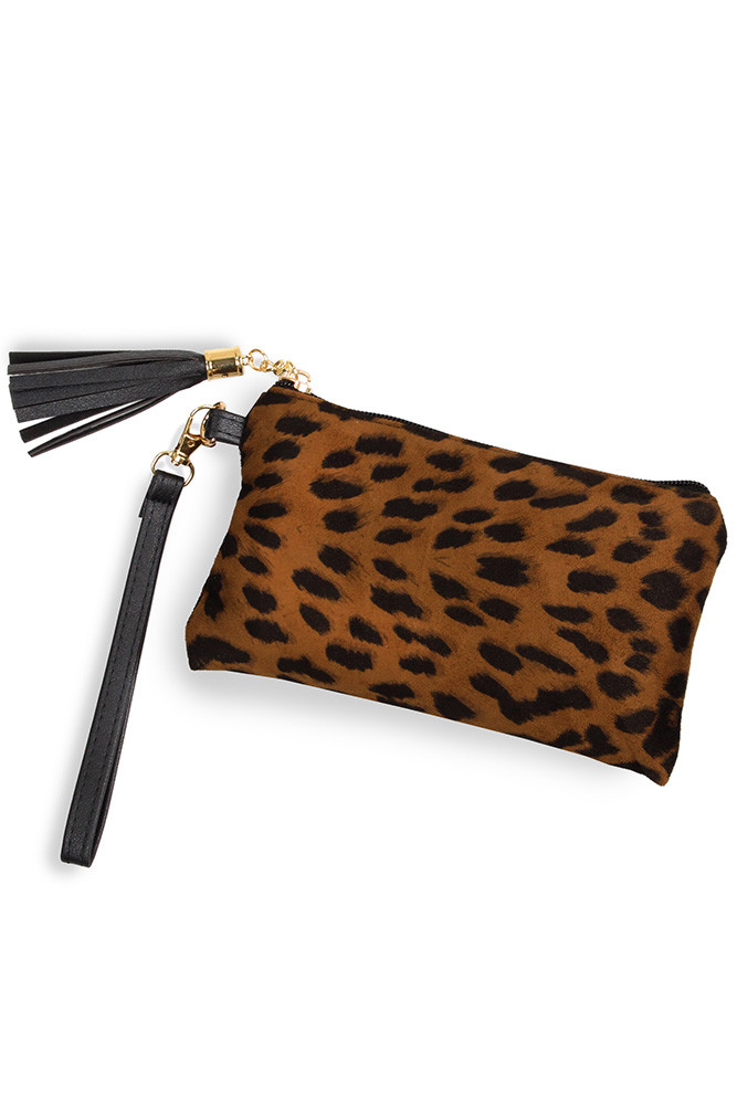 Women's Leopard Print Wristlet Clutch with Tassel – Style EABG9378TP by BURACQ