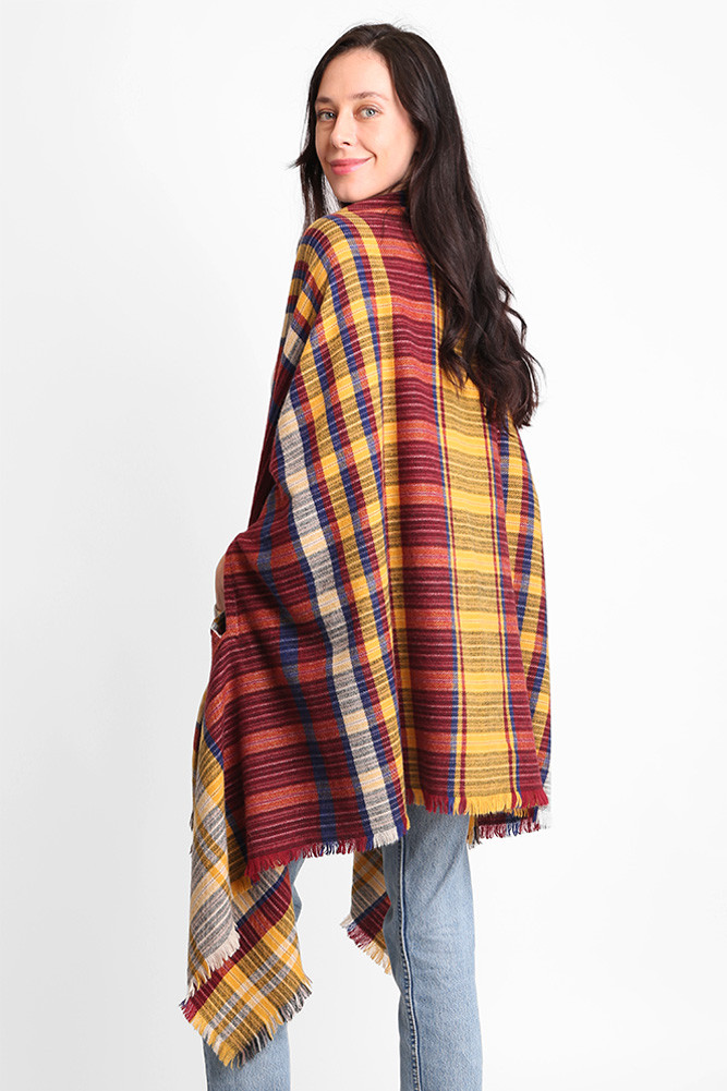 Women's Plaid Pattern Fringe Ruana in Mustard