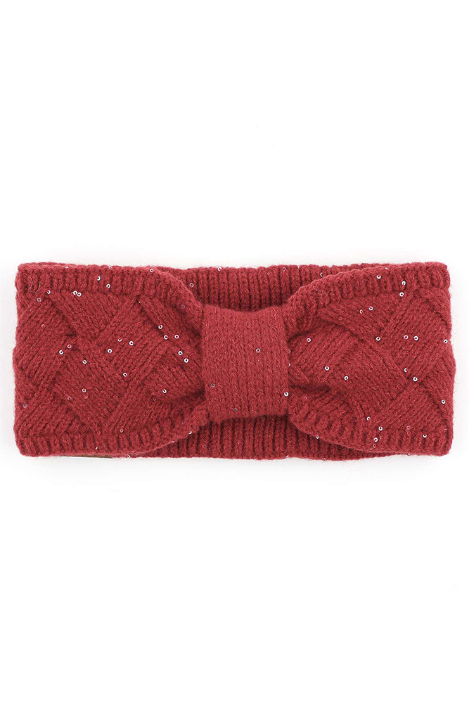 Women's Brioche Cable Pattern Sequin Headwrap in Burgundy