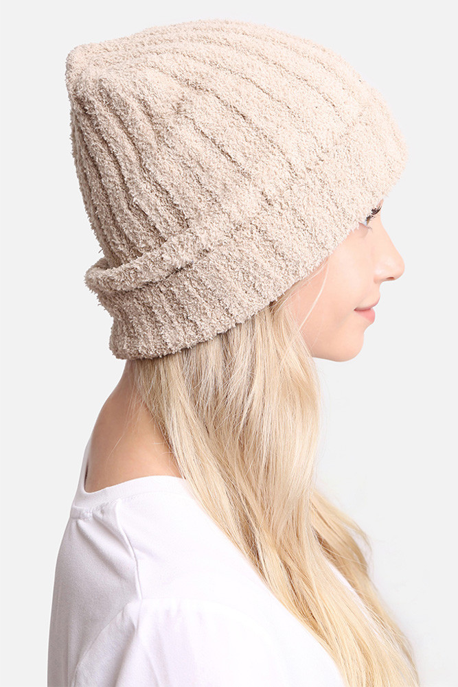 Women's Ribbed Solid Beanie in Beige