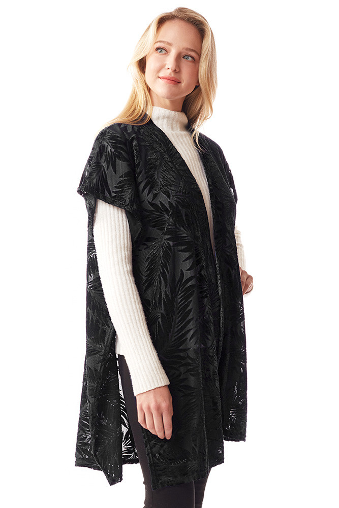 Women's Leaf Velvet Burnout Shawl in Black