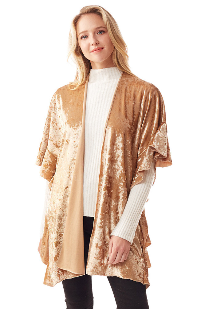 Women's Velvet Ruffle Sleeve Shawl in Gold by BURACQ