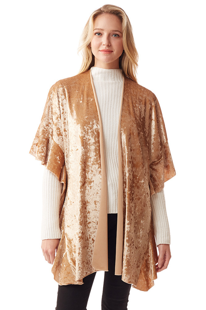 Women's Velvet Ruffle Sleeve Shawl in Gold