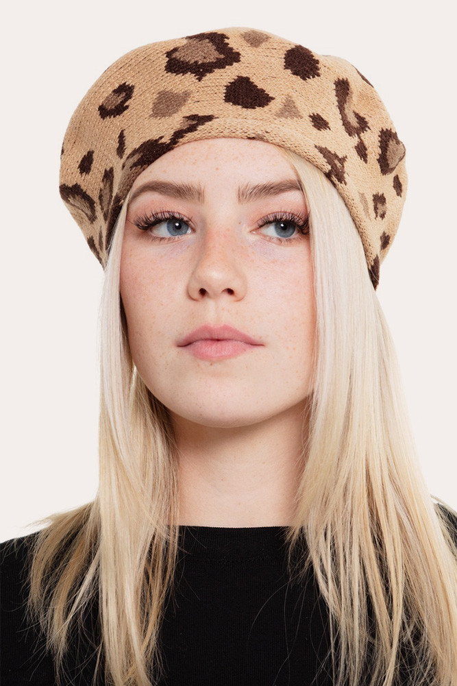 Women's Leopard Stretchy Beret in Taupe