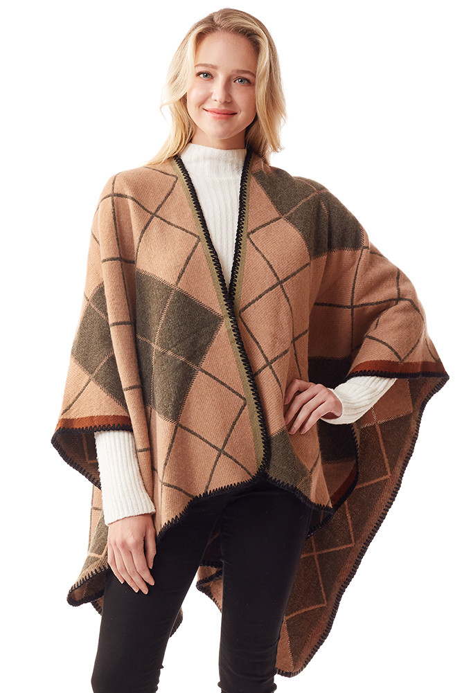 Women's Plaid with Accent Stitch Ruana in Beige by BURACQ