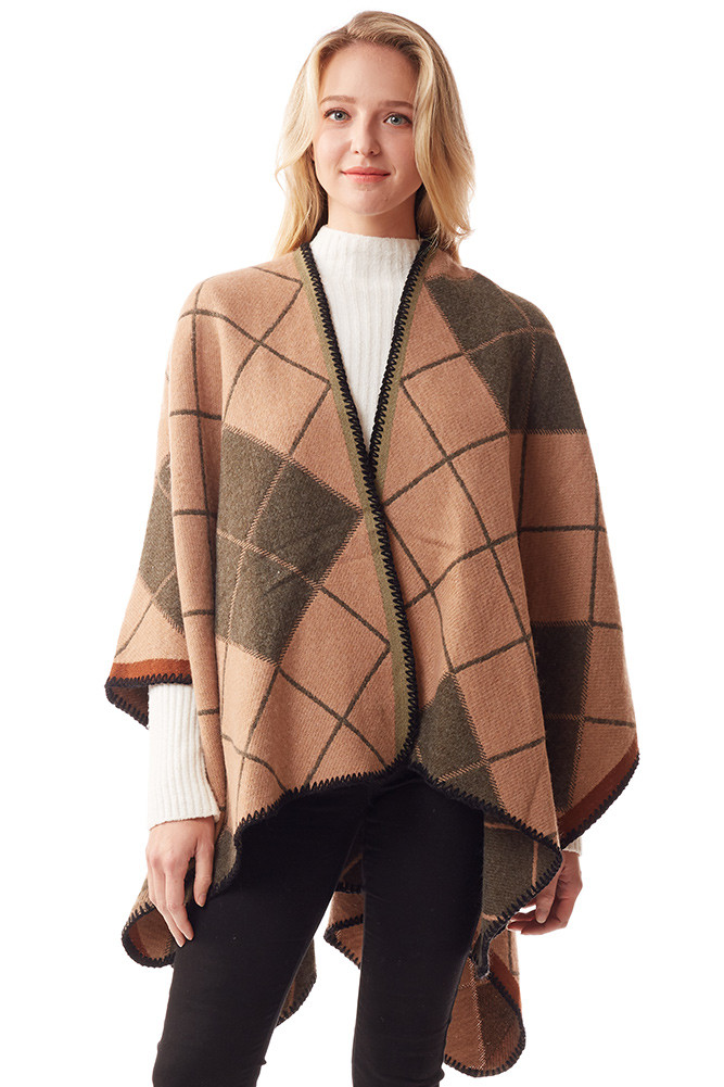 Women's Plaid with Accent Stitch Ruana in Beige