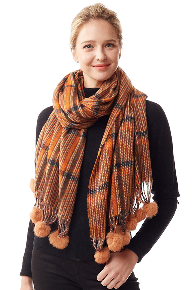 Women's Checked Pattern Pom Pom Fringe Scarf in Coral by BURACQ