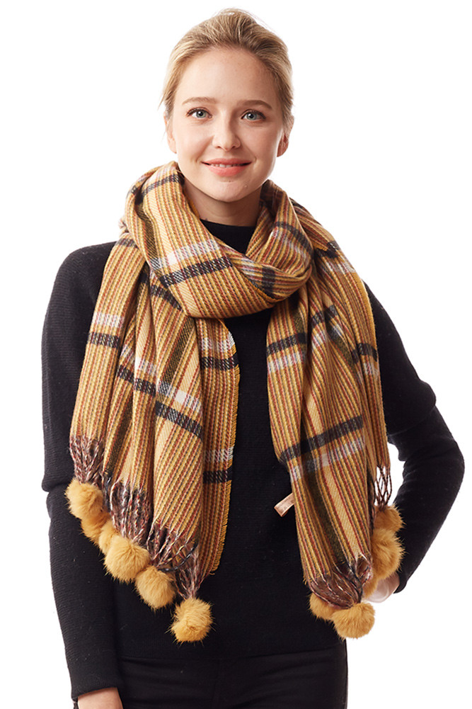 Women's Checked Pattern Pom Pom Fringe Scarf in Mustard by BURACQ