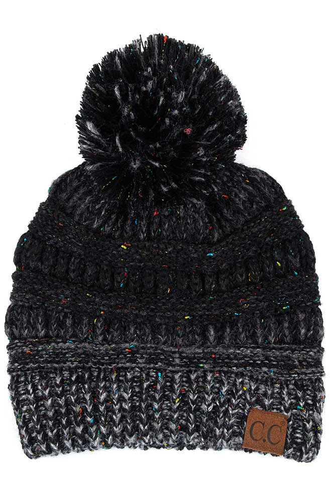 Women's Confetti Knit Beanie with Pom in Black