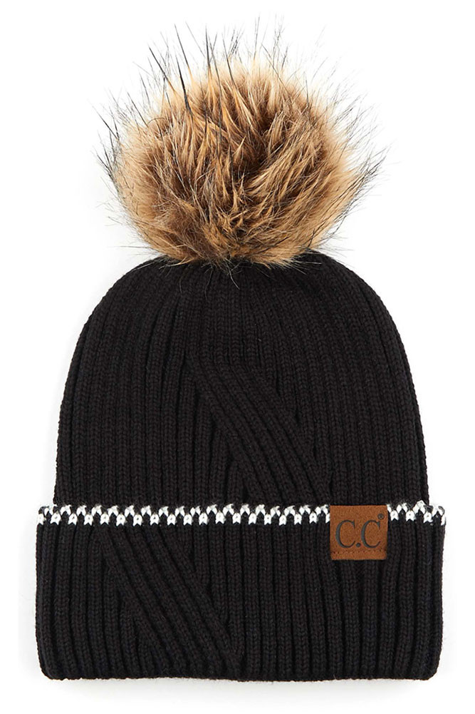 Women's Solid Cuffed Beanie with Pom in Black