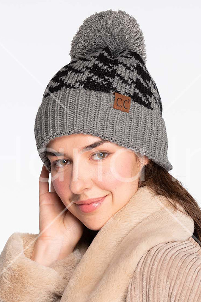 Women's Houndstooth Knit Beanie with Pom — beanie photo 3