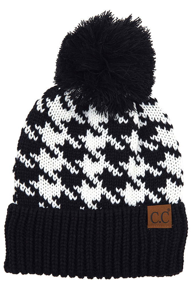 Women's Houndstooth Knit Beanie with Pom — beanie photo 4