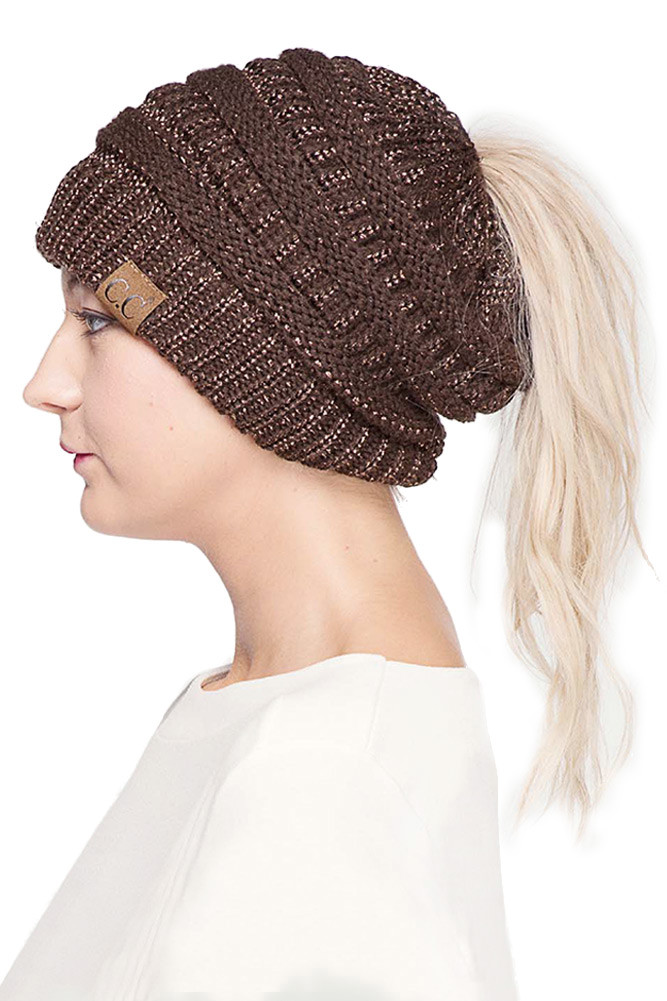 Women's Metallic Messy Bun Ponytail Beanie — beanie photo 2