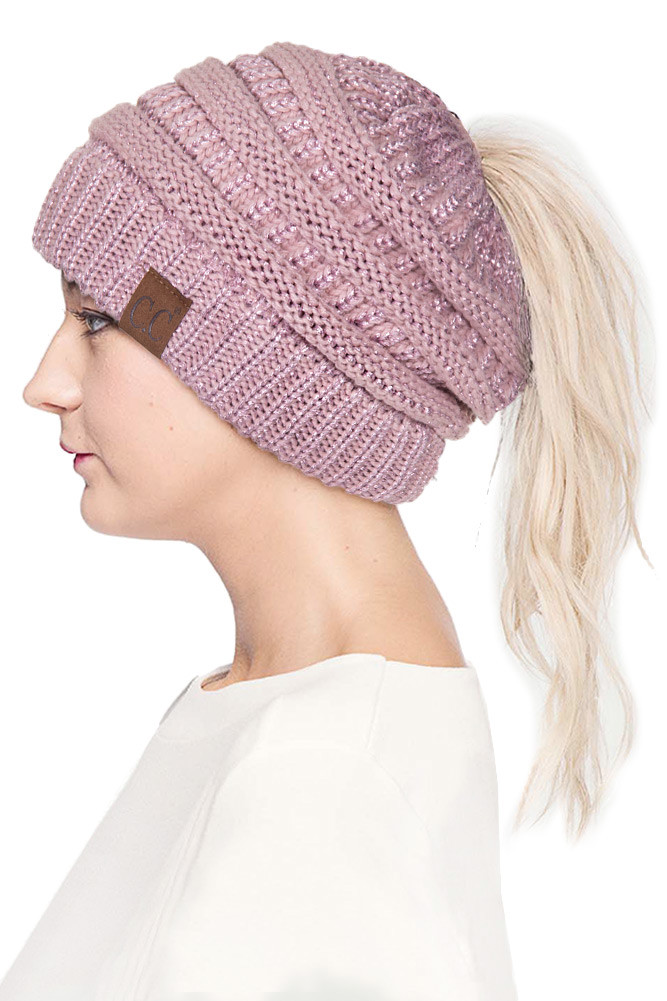 Women's Metallic Messy Bun Ponytail Beanie — beanie photo 4